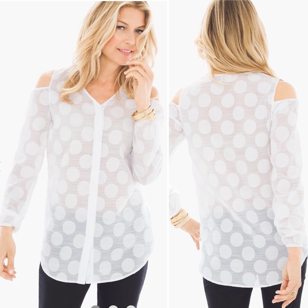Chico’s Textured Polka-Dot Cold-Shoulder Top Optic White -Size 0